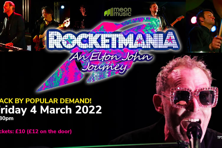 Poster for Elton John tribute concert Rocketmania at The Petersfield School Studio on March 4, 2022.