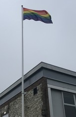 East Hampshire District Council flies the rainbow flag at its Penns Place offices in Petersfield during February 2022 in support of the LGBT+ community.