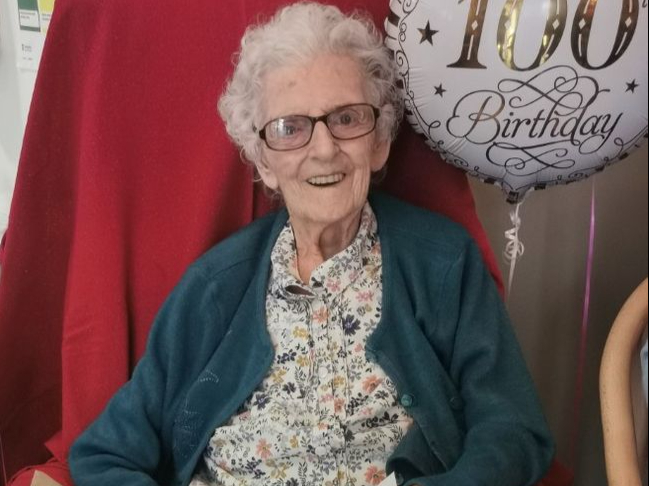 Betty Standley celebrates her 100th birthday at Marlfield Care Home in Alton on March 18 2022.