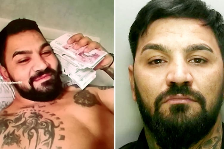 COMPOSITE PICTURE - Bogdan Florea (R) - Police found pictures on Florea's phone of him posing with large amounts of cash (L). A burglar who targeted chemists for perfumes has been jailed for four and a half years. See SWNS story SWNNperfume. Bogdan Florea, 33, from Farnborough, Hampshire, committed a string of offences between July and September 2021. He was caught after his car was spotted near a break-in in Reading, Berkshire. On Monday at Guildford Crown Court, he was sentenced to 54 months jail after pleading guilty to burglary and possession of false ID. Two cars belonging to him were also ordered to be seized and destroyed.