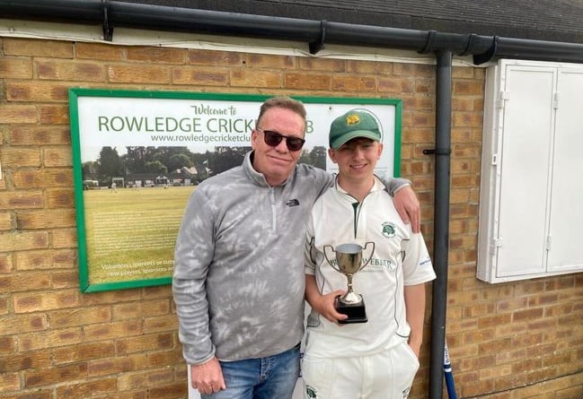 Rowledge man of the match Ryan Littlewood with Simon Reed, landlord of the award sponsors The Sandrock Pub and Take Away