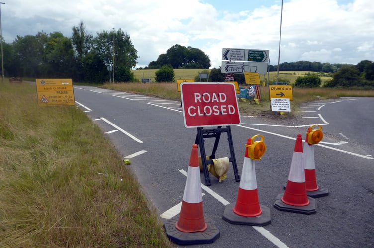 A32 closed at Chawton roundabout on A31, July 2022.