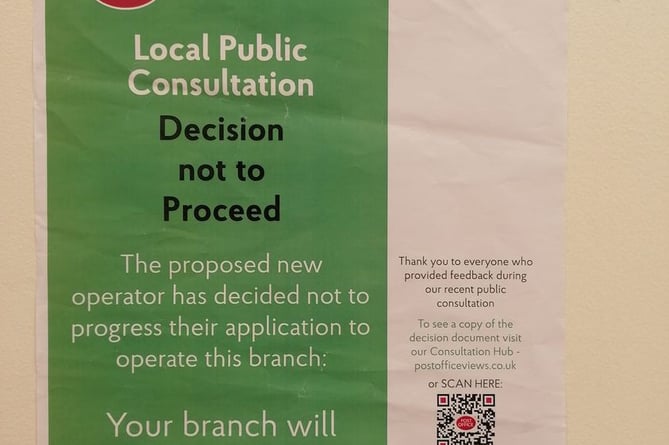 Post Office poster revealing the branch in Petersfield Square is to remain open December 2022 