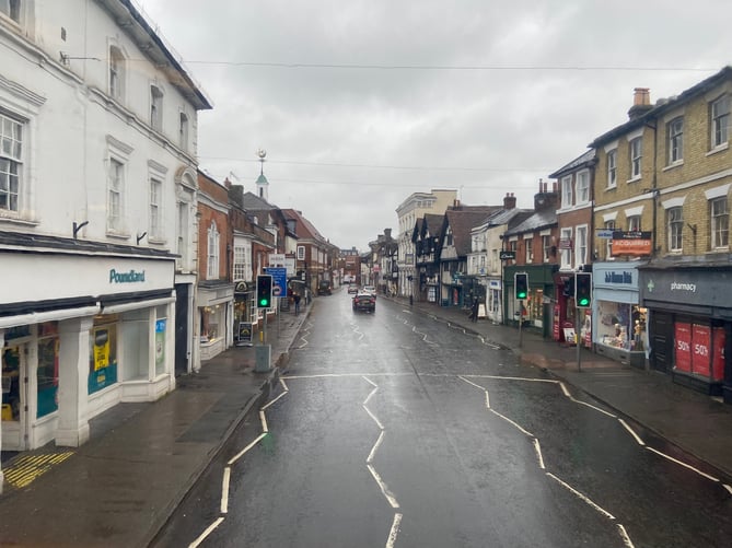 The view from the top deck of the Stagecoach number 65 bus as it pulls into The Borough, Farnham