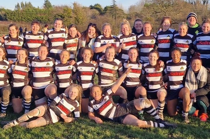 Some of the Farnham Rugby Club Falcons 1st XV players line up after their convincing 58-0 win over Oxford Harlequins RFC Women