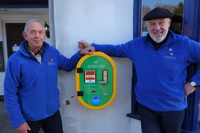 Roger Hobbs and Paul Sacha of The Hedgehogs by the new defibrillator at The Running Stream pub in Weybourne