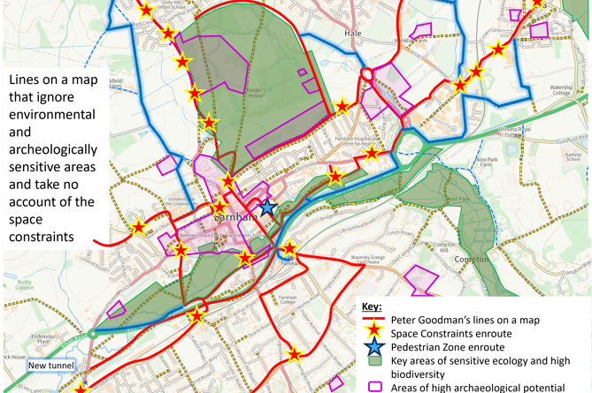 Cllr Powell's annotated copy of the Farnham Cycle Campaign's potential cycle tracks map in Farnham
