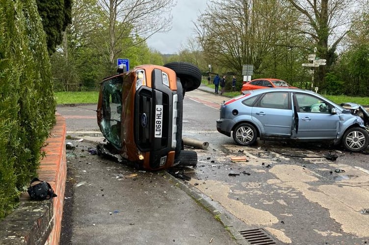 Crash at London Road-Station Road-Hole Lane crossroads, Bentley, April 23rd 2023.
