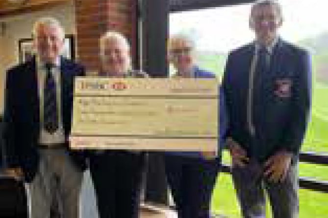 Petersfield Golf Club presentation to The Rosemary Foundation, May 2023. Senior club captain Richard Hine, Wendy Smith, lady captain Jane Terry and club captain Chris Castle.