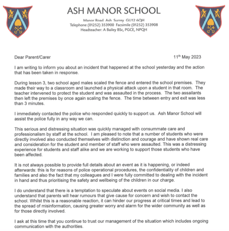 The letter to parents from the headteacher