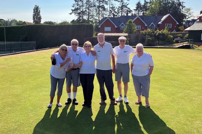 Winners Sue Haw, Bert Pharo and Jean Wiltshire with the trophy and beaten finalists Geoff Quick, Roger Pearce and Wendy Edwards