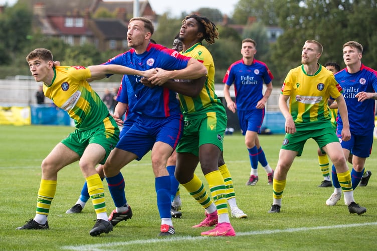 Action from Badshot Lea's 4-1 win at Raynes Park Vale