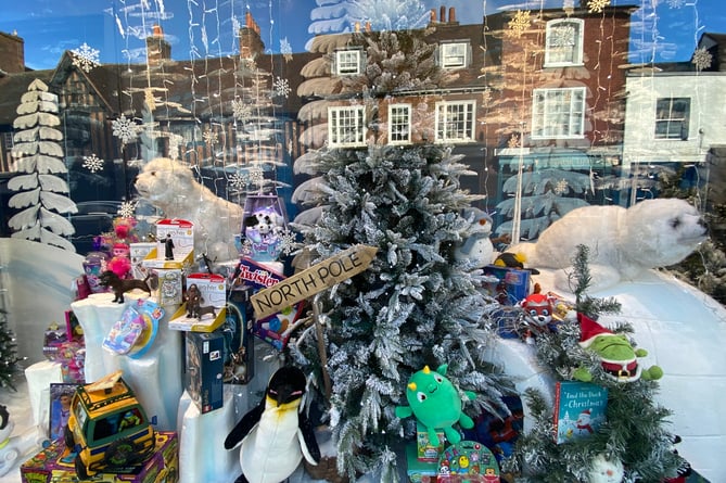 Elphicks 2023 Christmas window display in West Street, Farnham