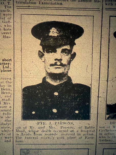 Private Joseph Parsons, from Farnham, was shot in the shoulder during the Battle of Messines and died of his wounds on July 1, 1917
