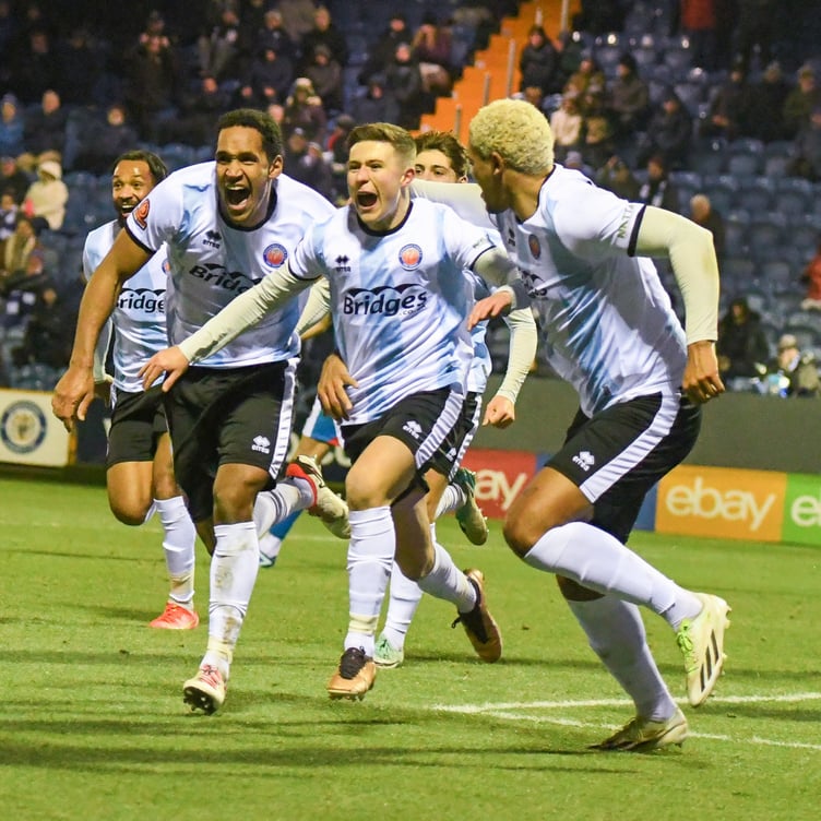 Olly Scott celebrates his winner at Stockport