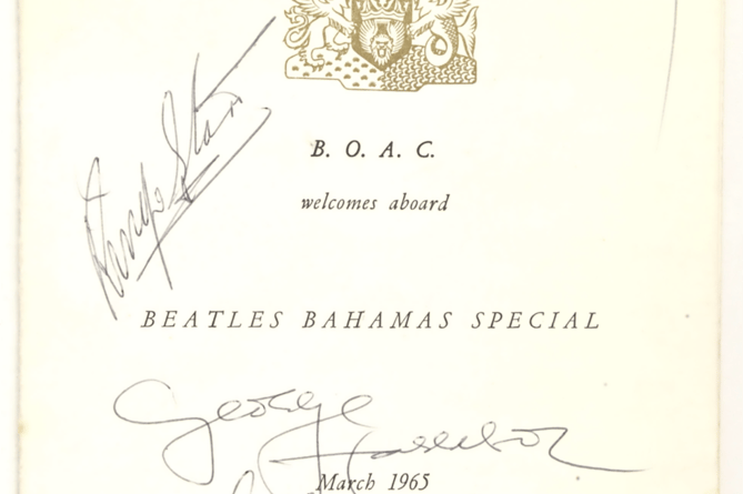 The menu was signed by the Fab Four for a stewardess onboard the British Overseas Airways Corporation (BOAC)  flight