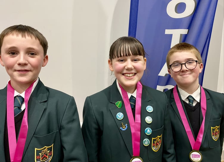 Eggar's School pupils Luca, Clara and Aiden with their Rotary Youth Speaks heat winner’s medals, UCA Farnham, January 17th 2024.