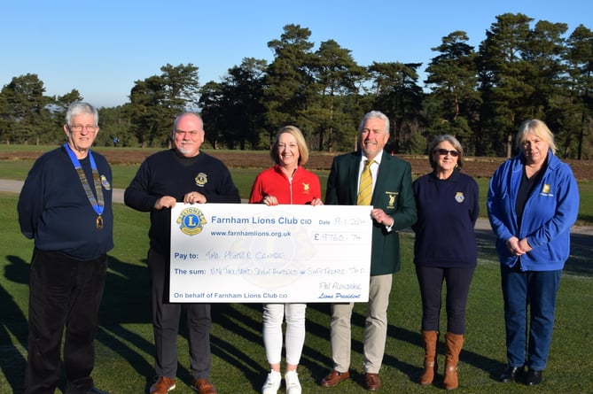 Left to right: Phil Alexander (Farnham Lions’ president), Carl Taylor (Lions Golf Day chairperson), Alison Hays (Hindhead GC Ladies Captain), Geoff Sullivan (Hindhead GC Men’s Captain), Rosemary Morris (Farnham Lions) and Elaine Clement (The Hunter Centre)
