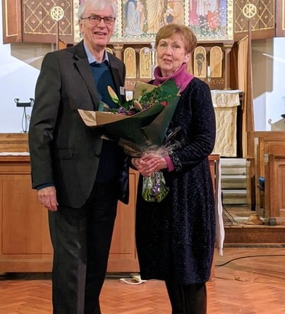 HHH Concerts chairman Stephen Dennison presents its new honorary patron Dame Ann Murray with a bouquet at St Christopher's Church in Wey Hill, Haslemere, on January 24th 2024. 