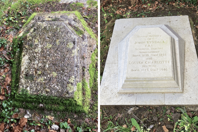 John Tyndall's gravestone in St Bartholomew's Church graveyard, before and after restoration