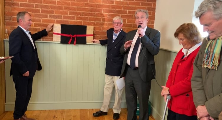 East Hampshire MP Damian Hinds addresses his audience before unveiling a plaque to mark the re-opening of Newton Valence Village Hall on April 19th 2024.