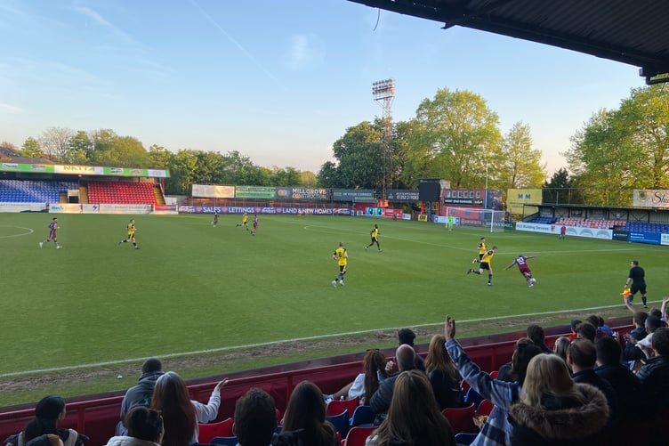 Action from Badshot Lea's Aldershot Senior Cup final against Westfield at Aldershot Town's EBB Stadium