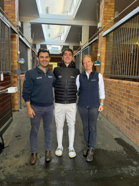 Liphook Equine Hospital vets Matthew Sinovich (left) and Rachel Tucker with Luca Watson