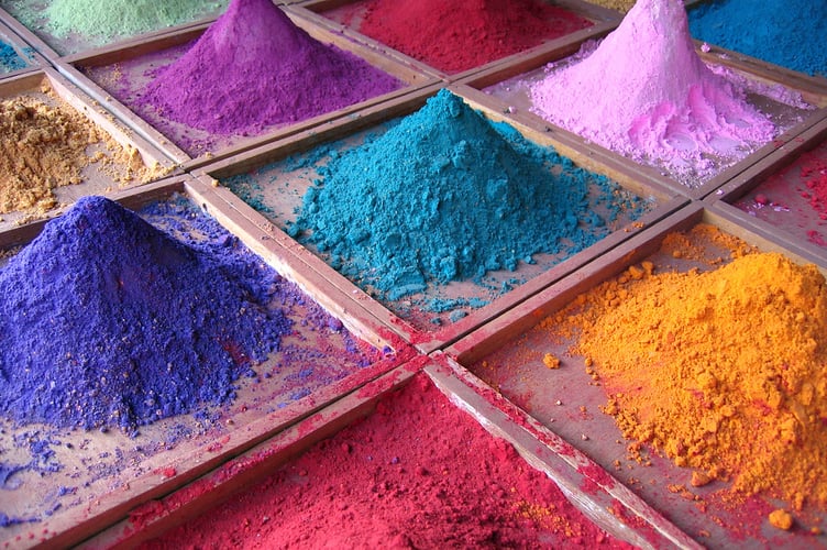 Dye pigments on sale at market stall in India