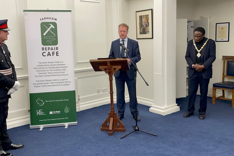Greg Stafford MP at the Farnham Repair Cafe ceremony at Farnham Town Hall.
