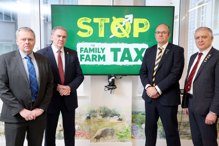 Left to right: Andrew Connon, NFU Scotland president, Aled Jones, Cymru President, Tom Bradshaw, NFU President and  William Irvine, Ulster Farming Union President. 
The NFU held a press conference after meeting with the Treasury to provide an update on discussions over changes to inheritance tax for agricultural property and businesses on Tuesday, February 18, 2025.