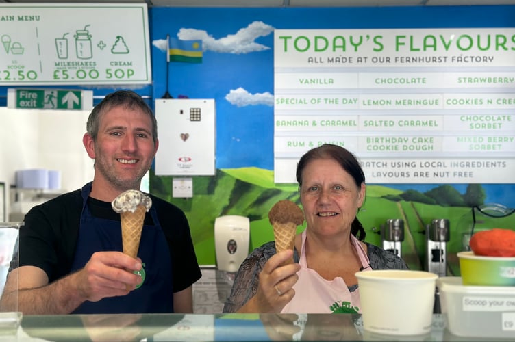Ben Govier, who runs Dylan's Ice Cream in Haslemere, and employee Marie Hughes