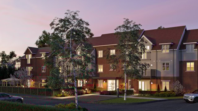 McCarthy Stone Flora Place Liphook exterior dusk view CGI