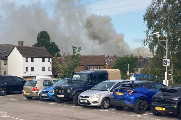 The fire in Petersfield town centre, as seen from the train station on July 3, 2025.