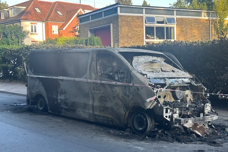 Burnt out remains of a van fire in Grayshott