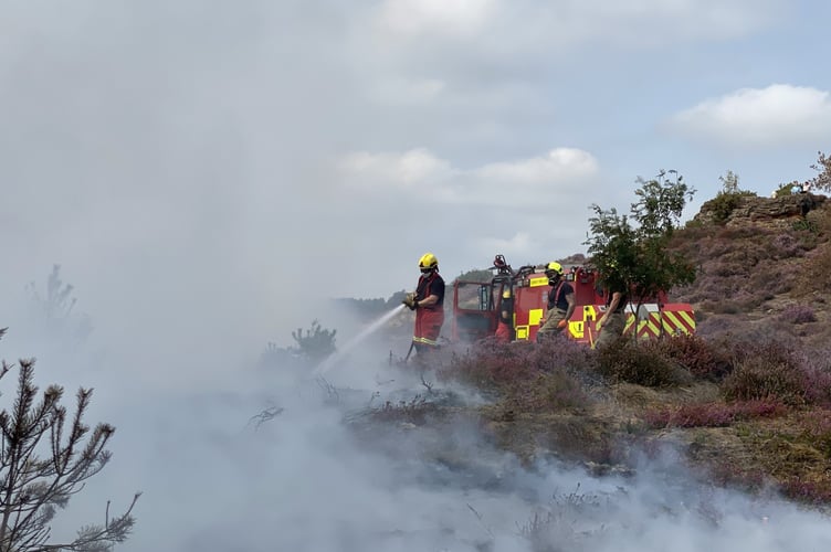 Fire fighters work to put out wildfire caused by BBQ on Churt Common