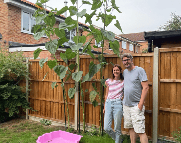 Laura and Chris Howard won the Tallest Sunflower category of the Liphook in Bloom Sunflower Competition, August 23rd 2025.