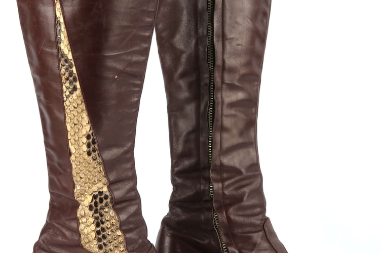 Lionel Avery early 1970s pair of platform boots in brown leather with snakeskin appliqué.