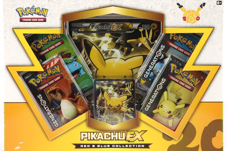 The Pokemon TCG Pikachu EX Red And Blue 20th Anniversary Collection Box.