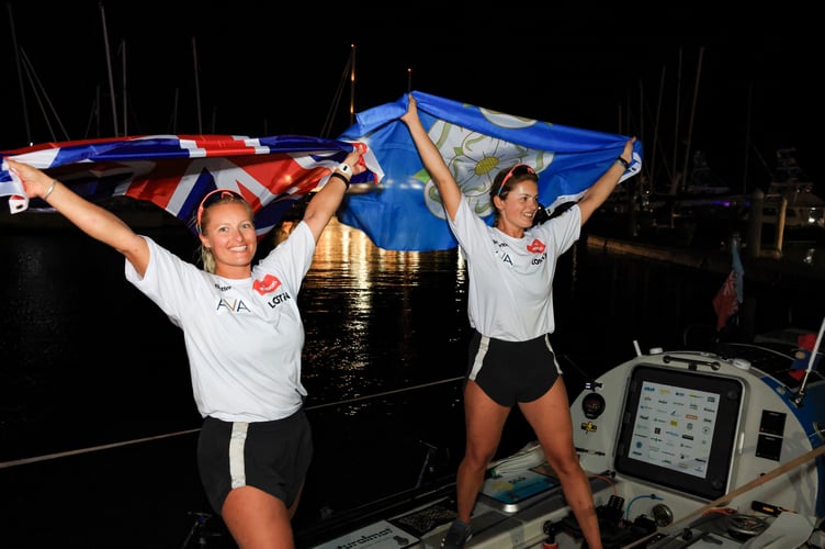 Jess Rowe and Miriam Payne celebrate rowing the Pacific.