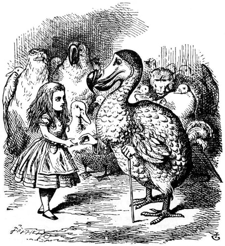 Original B/W engraving by John Tenniel in Lewis Carroll's Alice's Adventures in Wonderland.