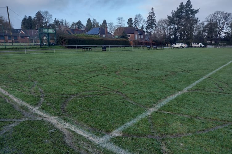 Damage to the pitch at Liphook Recreation Ground after electric motorbikes were ridden across the grass, leaving the volunteer-run club facing months of recovery