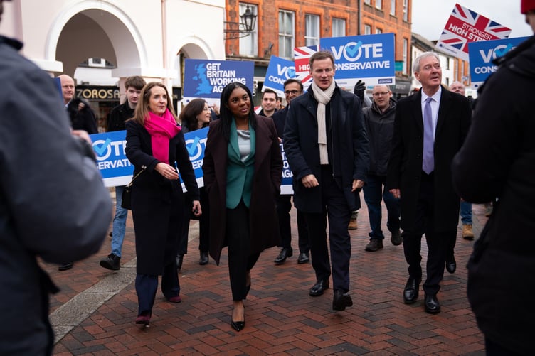 From left, Cllr Jane Austin, Tory Leader Kemi Badenoch, Jeremy Hunt MP, and Cllr Tim Oliver during a visit to Godalming on Monday, February 9, 2026.