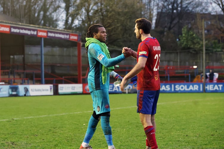 Coniah Boyce-Clarke and Hady Ghandour celebrate Aldershot's 3-2 win against Halifax (Photo: Ian Morsman)