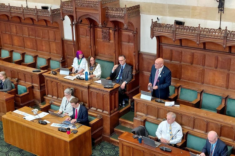 Leader of Hampshire County Council, Cllr Nick Adams-King, speaking in the council chamber.