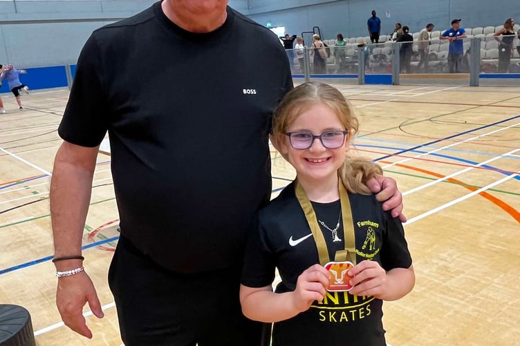 Sophia Dabrowski, pictured with England Roller Hockey development director Carlos Amaral, was named national under-11 goalkeeper of the year, June 24th 2026.