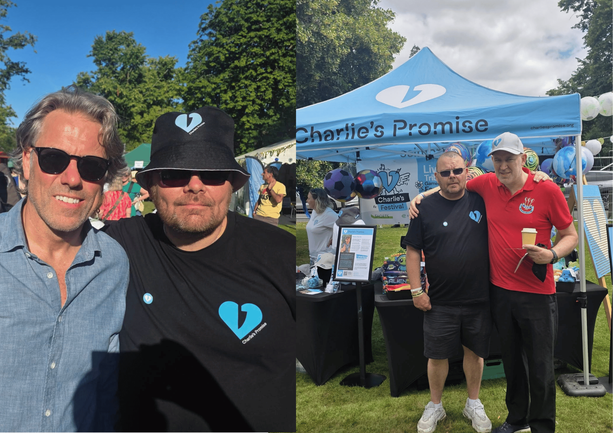 Martin Cosser (centre) with comedians Tim Vine and John Bishop at this year's Haslemere Fringe Festival, where Charlie's Promise raised awareness of its campaign against knife crime