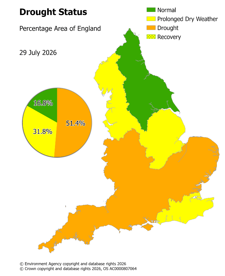 The Environment Agency map showing areas of England officially in drought.